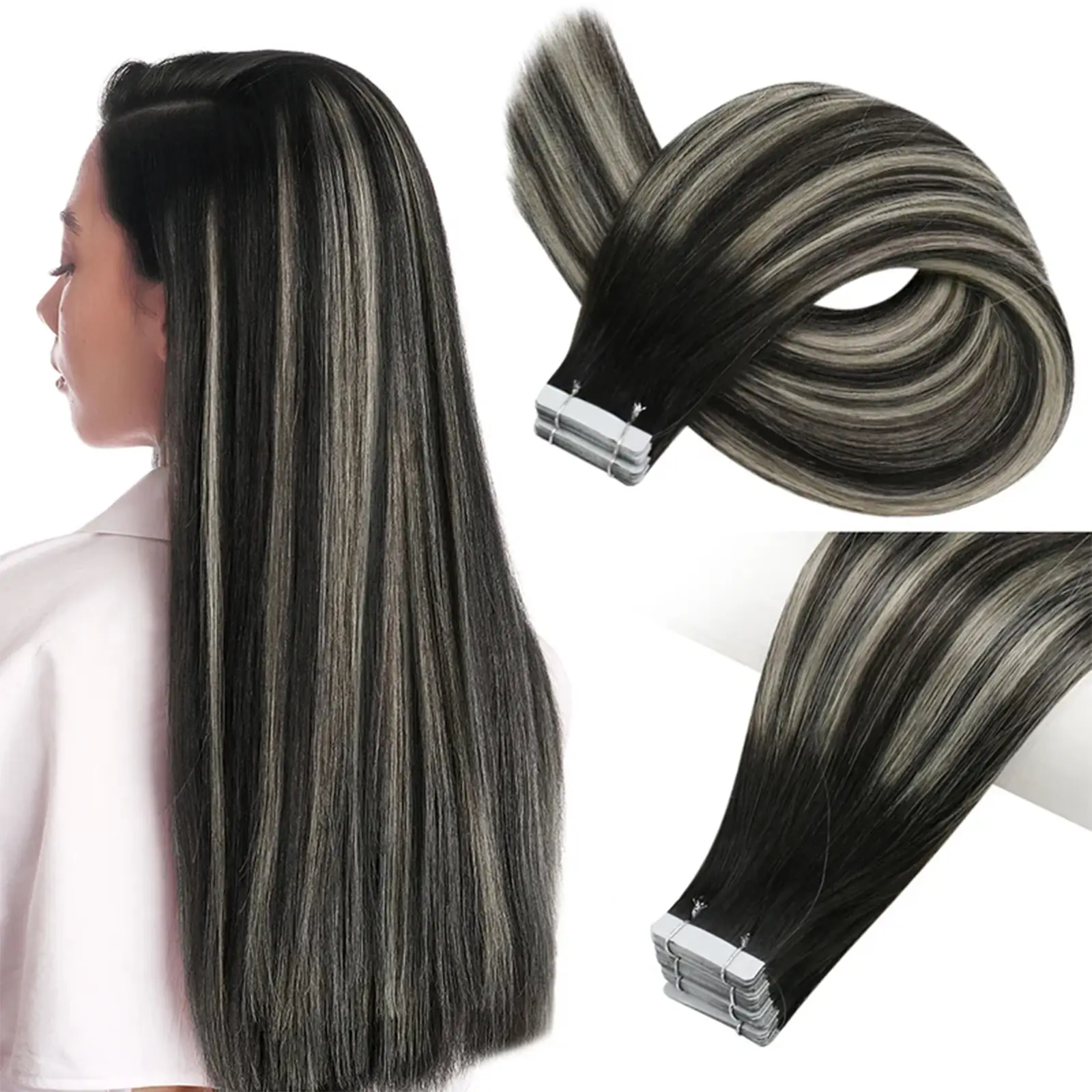 Tape In Hair Extensions Virgin Human Hair Highlights #1B/S/1B