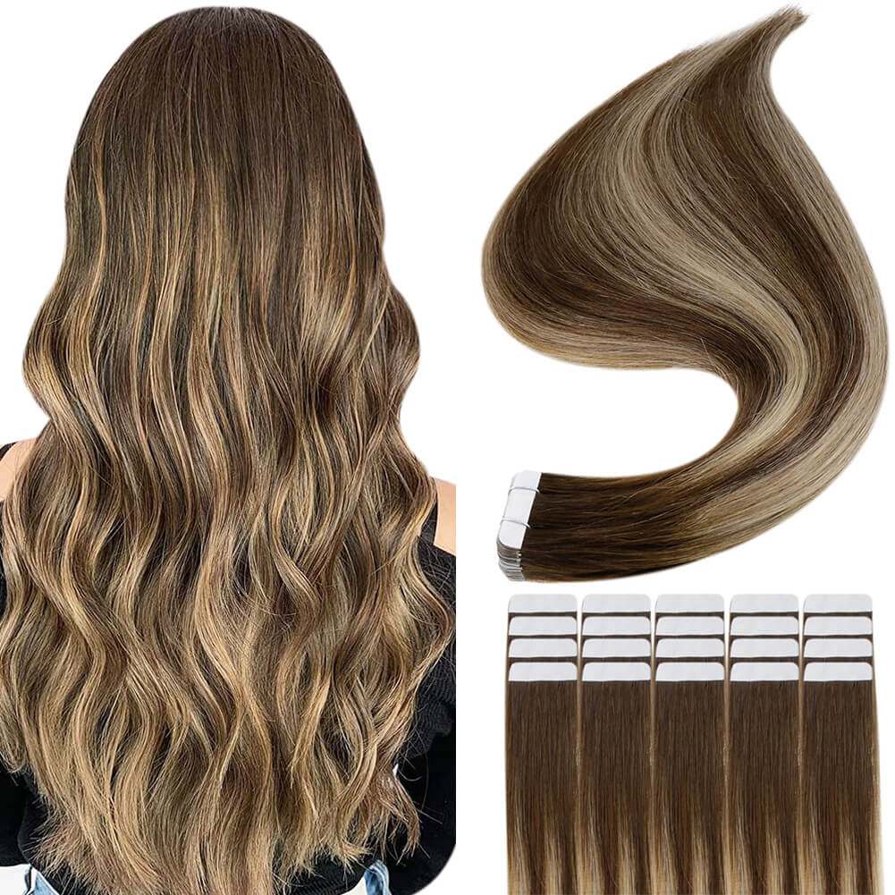 Tape in Hair Extensions 100% remy Human Hair Balayage Highlights (#4/…